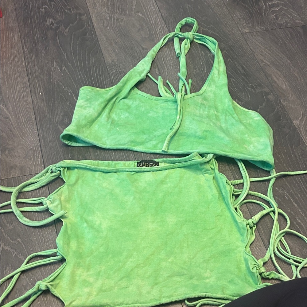 Dolls kill club exx Green Tie-Dye Halter Crop Top and Side-Tie Skirt Set